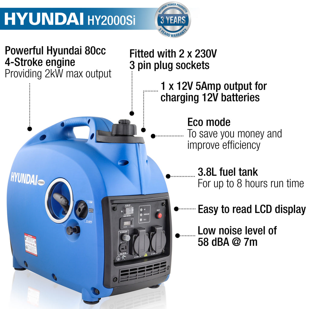 Hyundai 2000w Portable Petrol Inverter Generator HY2000Si